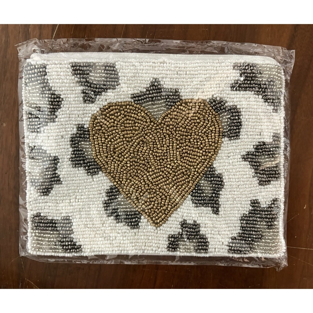 Francesca's Glass Beaded Pouch Clutch Bag  Purse Gold Heart Cheetah Print NWT
